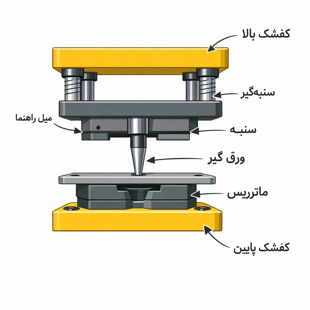 اجزای اصلی قالب سنبه و ماتریس شامل کفشک، میل راهنما و تیغهها.