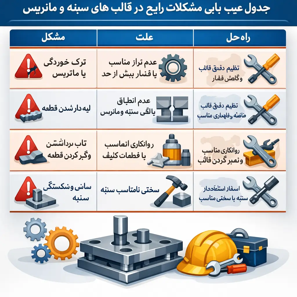 جدول عیب یابی مشکلات رایج در قالب های سنبه و ماتریس